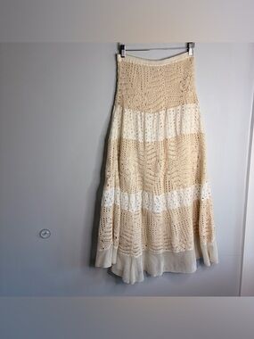 Kyra Boho Crochet Maxi Skirt in Cream and White